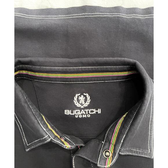 Bugatchi Uomo Mens Solid Black Polo Sz XL White Stitching Pima Cotton Snap Vtg - Picture 3 of 7